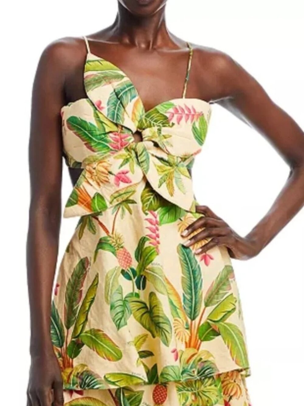 NWT FARM Rio Fruit Forest Linen Blend Maxi Dress XL Tropical Cutout Ruffle Sand - Picture 4 of 11